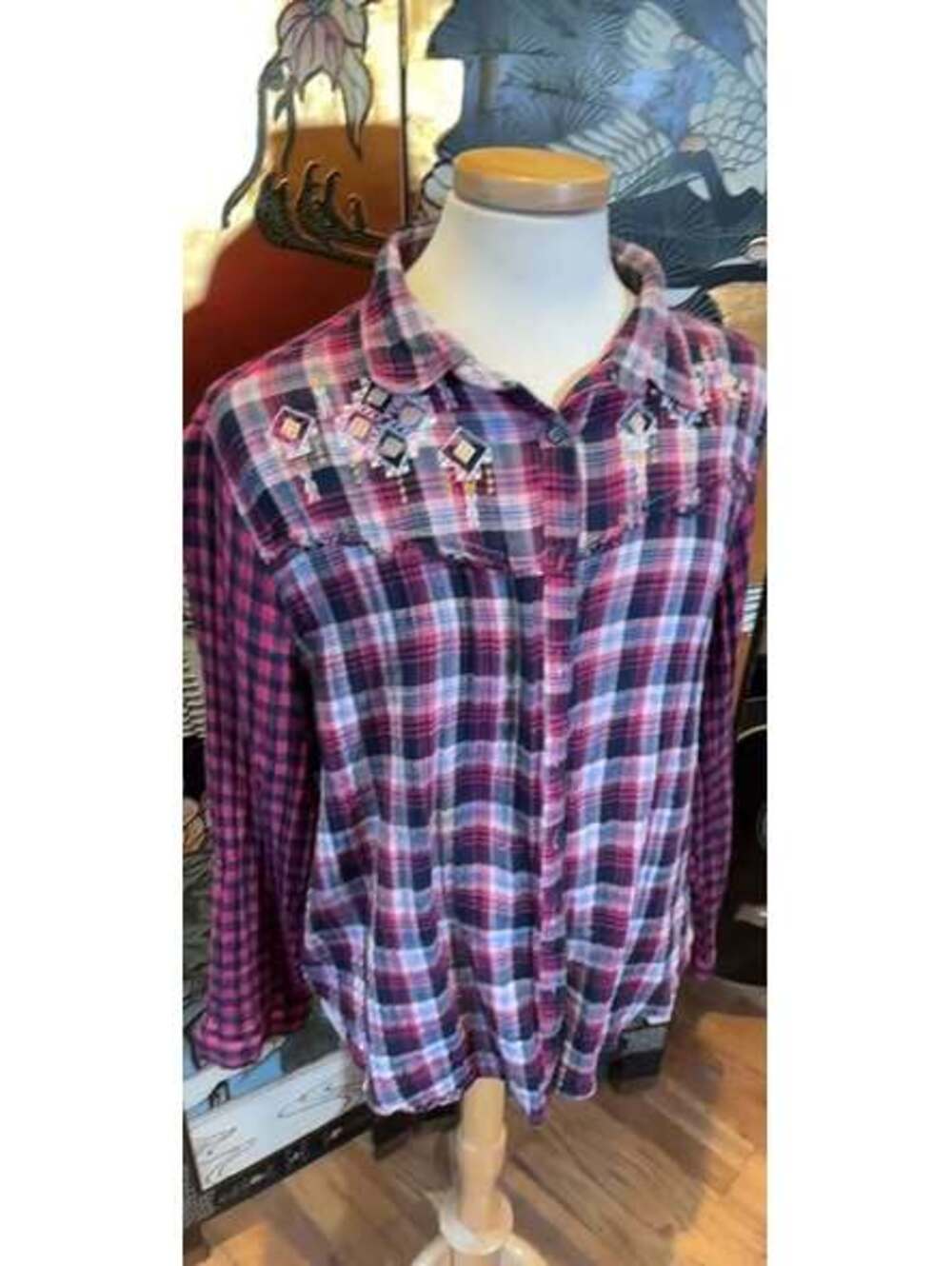 Pink Blue White Plaid Embroidered Button-Up Shirt